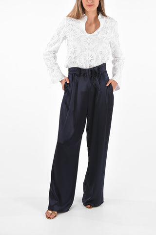 satin high-rise waist palazzo pants with belt