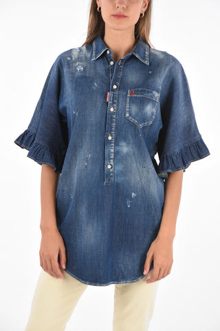 Mini Dress in Denim a Maniche Corte