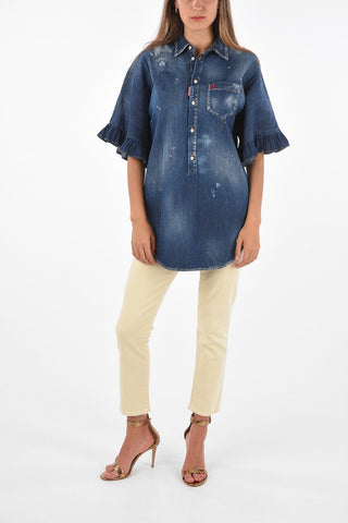 Mini Dress in Denim a Maniche Corte