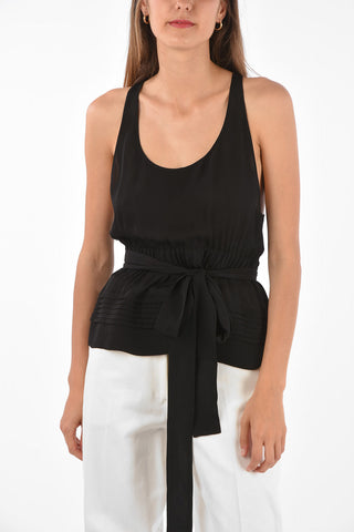 Silk Peplum Top with Bow-Neck