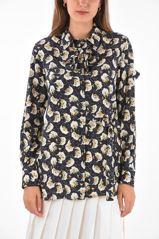 floral-print silk tie neck collar blouse