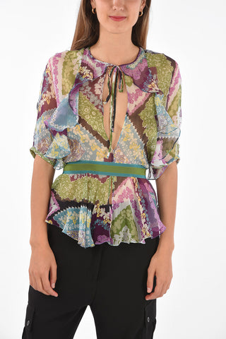Floral Printed Silk Belted Blouse