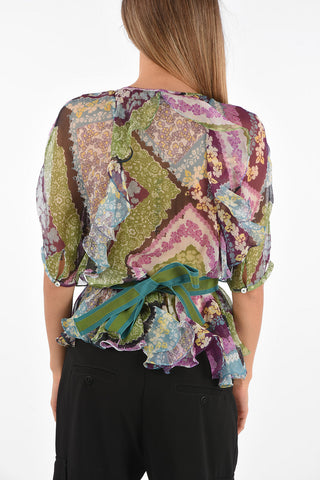 Floral Printed Silk Belted Blouse