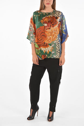 Blusa con Maniche a ¾ in Seta Stampata 