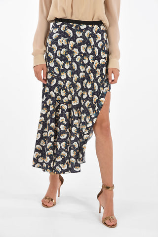 floral-print silk split-front hem asymmetrical skirt