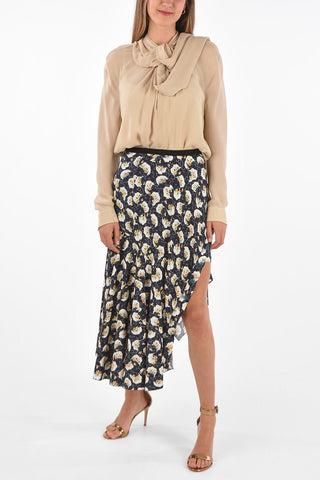 floral-print silk split-front hem asymmetrical skirt