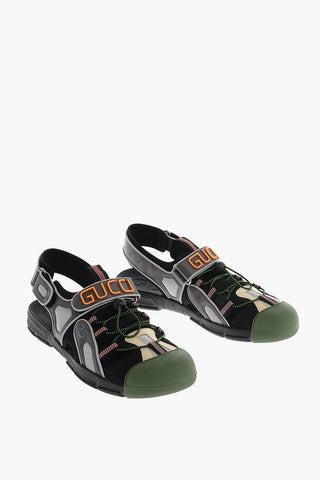 leather and fabric sandals with touch strap closure