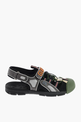leather and fabric sandals with touch strap closure