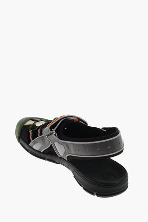 leather and fabric sandals with touch strap closure