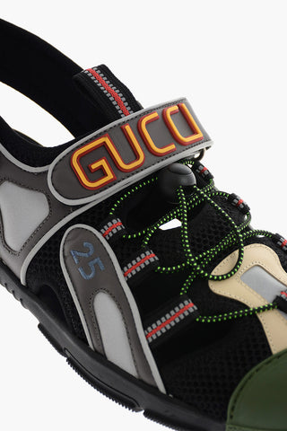leather and fabric sandals with touch strap closure