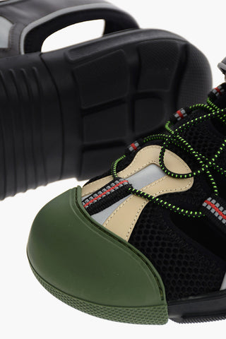leather and fabric sandals with touch strap closure