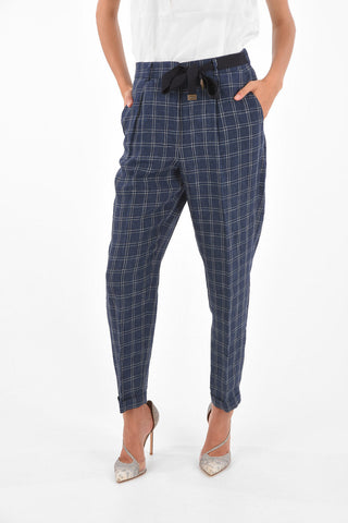 Checked Drawstring Single Pleated Pants