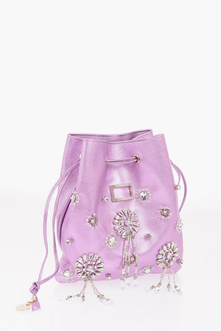 Metallic Leather Jewel Bucket Bag