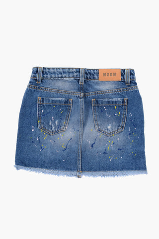 gonna in denim con schizzi di vernice