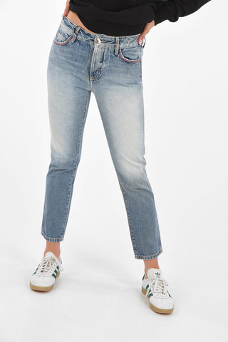 Jeans a Vita Alta con Ricamo in Perle