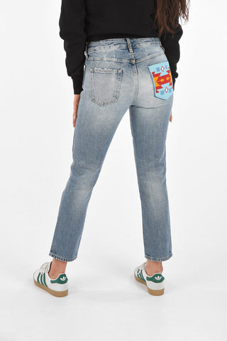 Jeans a Vita Alta con Ricamo in Perle