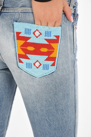 Jeans a Vita Alta con Ricamo in Perle