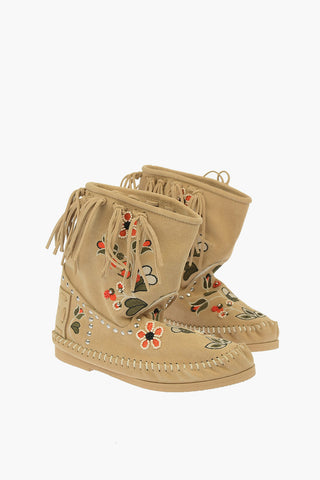 Suede Leather Embroidered Ankle Boot