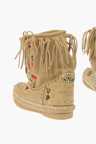 Suede Leather Embroidered Ankle Boot