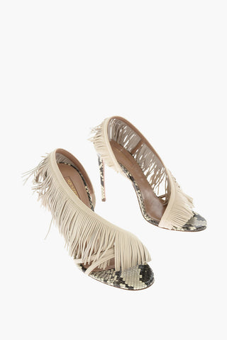 10,5cm leather printed snake wide fringe sandals