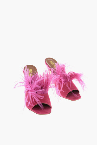10cm suede leather Mules with feathers