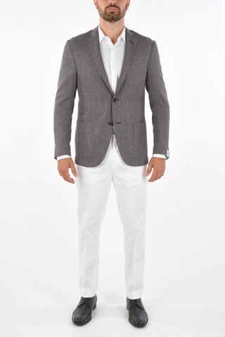 plain herringbone virgin wool and flax GATE 2-button blazer drop 7R