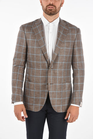 Blazer Monopetto LEADER SOFT in Misto Lino con Motivo a Quadri Windowpane