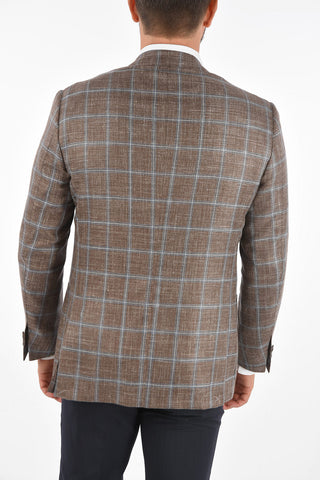 Blazer Monopetto LEADER SOFT in Misto Lino con Motivo a Quadri Windowpane