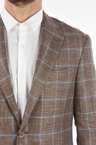 Blazer Monopetto LEADER SOFT in Misto Lino con Motivo a Quadri Windowpane
