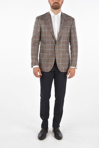 Blazer Monopetto LEADER SOFT in Misto Lino con Motivo a Quadri Windowpane