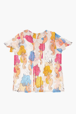 short sleeve blouse with printed seahorse