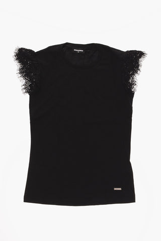 T-shirt girocollo con manica in pizzo