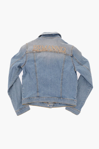 stretch denim jacket with rhinestone embellished