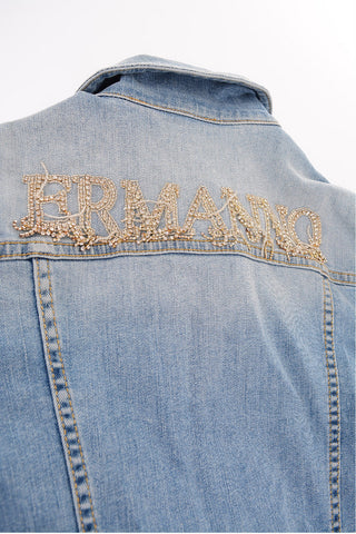 stretch denim jacket with rhinestone embellished