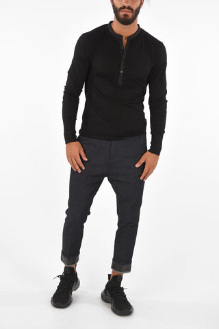 Wool and Silk Slim Fit Button Mock Sweater