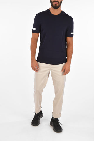 Contrasting Sleeve Band Knit T-Shirt