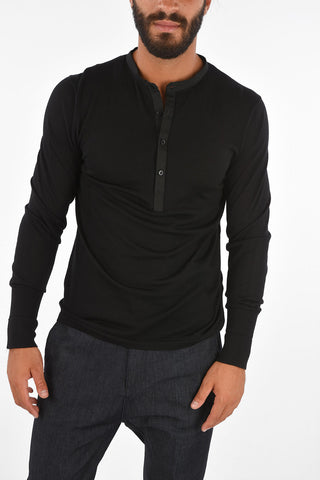Wool and Silk Slim Fit Button Mock Sweater