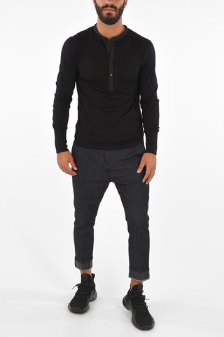 Wool and Silk Slim Fit Button Mock Sweater