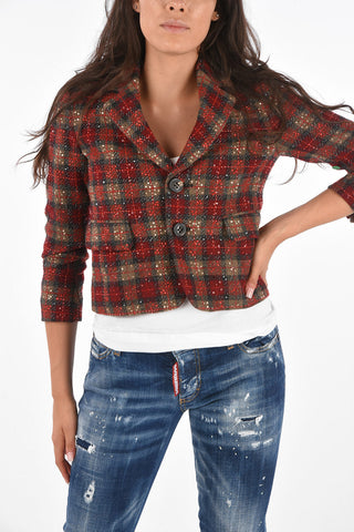 Lined Tartan Sequined Cropped Blazer