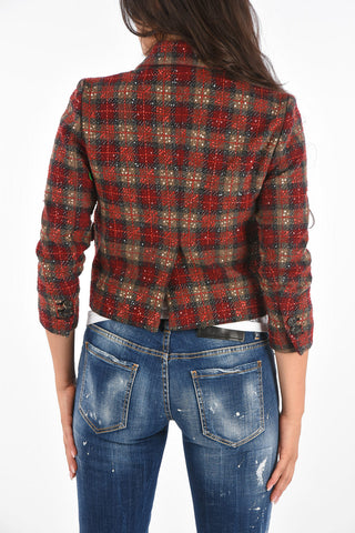 Lined Tartan Sequined Cropped Blazer