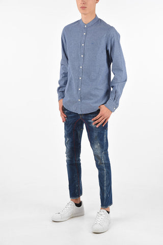 Cotton and Linen Mandarin Collar Shirt