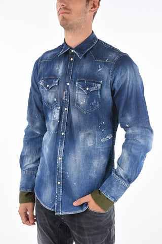 Camicia Western in Denim Distressed con Bottoni a Pressione