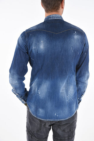 Camicia Western in Denim Distressed con Bottoni a Pressione