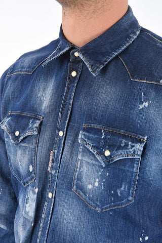 Camicia Western in Denim Distressed con Bottoni a Pressione