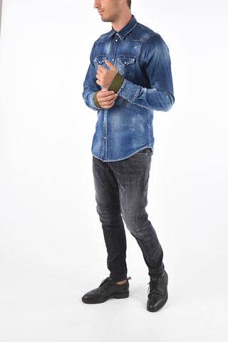 Camicia Western in Denim Distressed con Bottoni a Pressione
