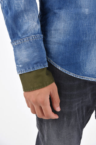 Camicia Western in Denim Distressed con Bottoni a Pressione
