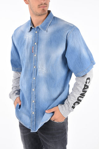 Camicia Oversized in Denim con Maniche a Contrasto