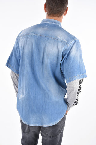 Camicia Oversized in Denim con Maniche a Contrasto