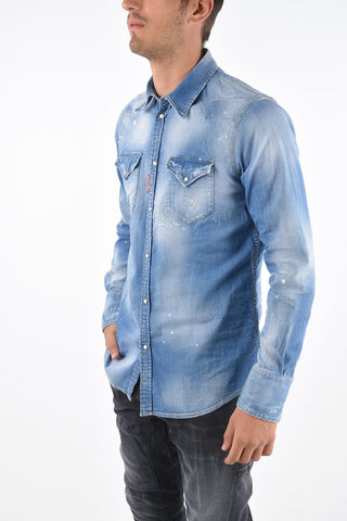 Snap Button Distressed Denim Shirt