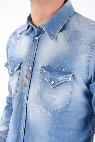 Snap Button Distressed Denim Shirt